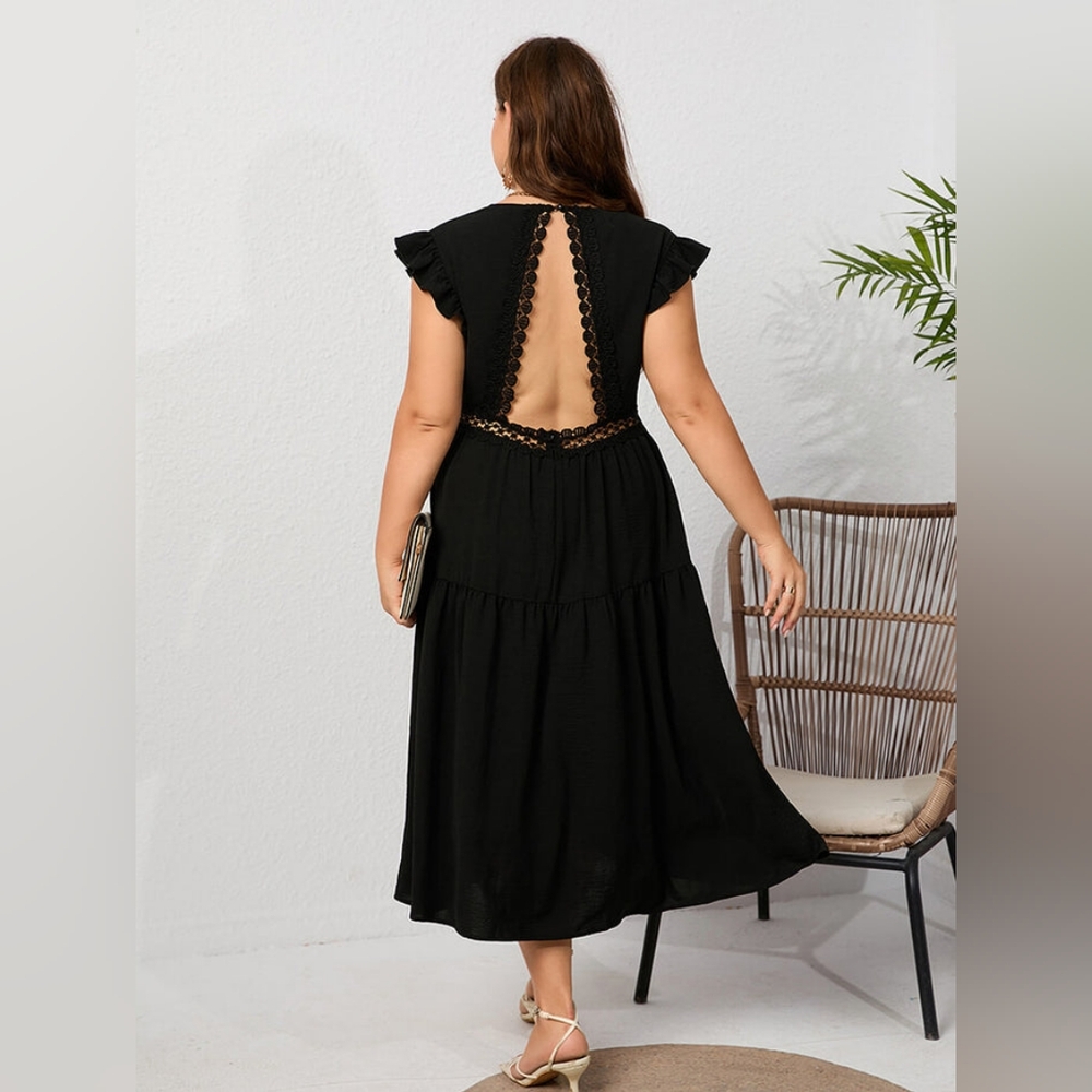 Lace Patchwork Ruffle Sleeve Backless Ruched Midi Dress - Picture 2 of 2